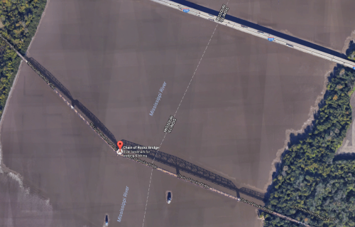 Google Earth satellite view of the old Chain of Rocks Bridge - note the distinctive bend. Crossing the upper part of the image is the New Chain of Rocks Bridge.